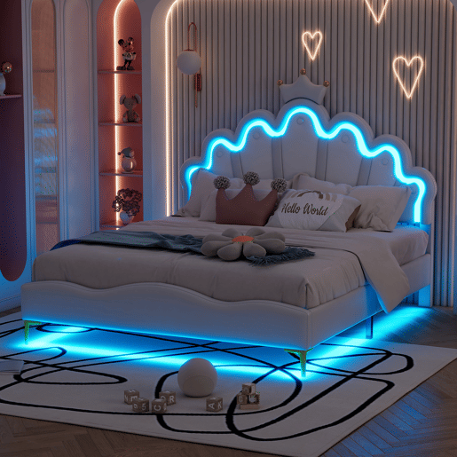 Cama de criança 140x200cm com LED - cama de princesa com almofada de pele sintética - Branco