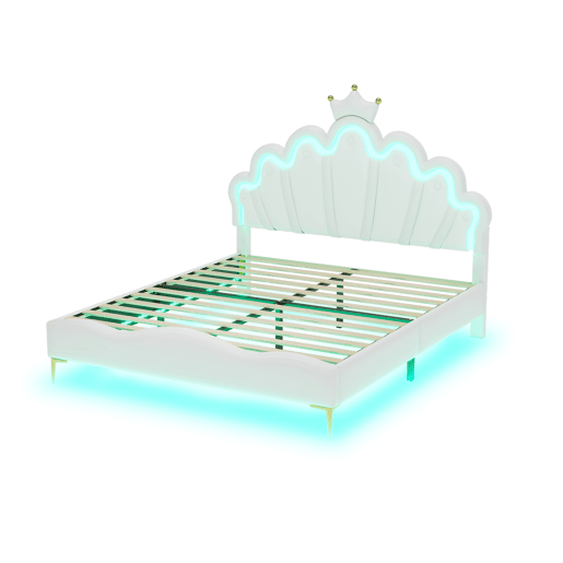 Cama de criança 140x200cm com LED - cama de princesa com almofada de pele sintética - Branco