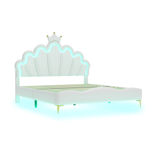 Cama de criança 140x200cm com LED - cama de princesa com almofada de pele sintética - Branco