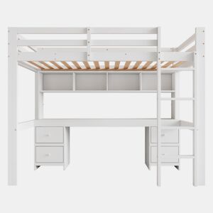 Cama mezzanine 90x200 cm - com secretária e 2 cómodas - pinho maciço e MDF - Branco