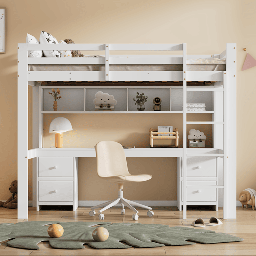 Cama mezzanine 90x200 cm - com secretária e 2 cómodas - pinho maciço e MDF - Branco