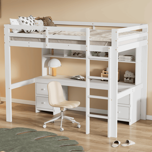 Cama mezzanine 90x200 cm - com secretária e 2 cómodas - pinho maciço e MDF - Branco