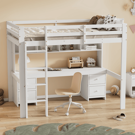 Cama mezzanine 90x200 cm - com secretária e 2 cómodas - pinho maciço e MDF - Branco