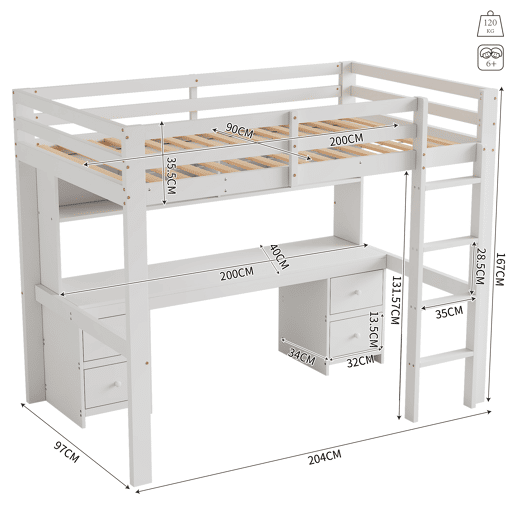 Cama mezzanine 90x200 cm - com secretária e 2 cómodas - pinho maciço e MDF - Branco