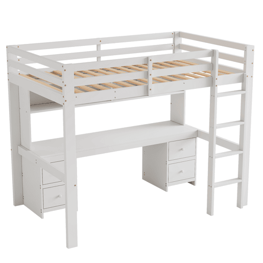 Cama mezzanine 90x200 cm - com secretária e 2 cómodas - pinho maciço e MDF - Branco