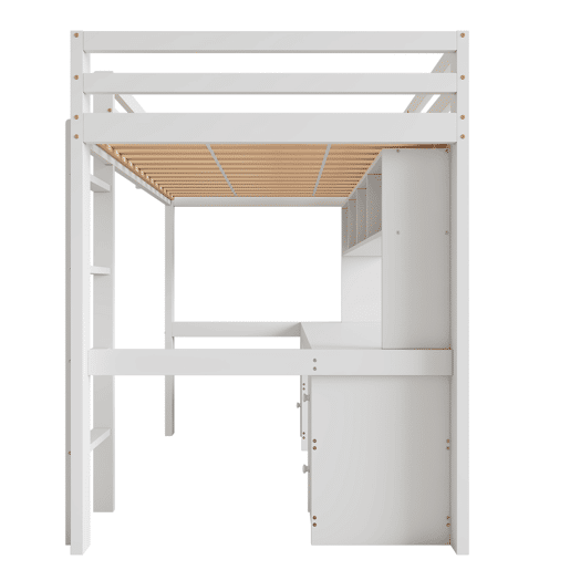 Cama mezzanine 90x200 cm - com secretária e 2 cómodas - pinho maciço e MDF - Branco