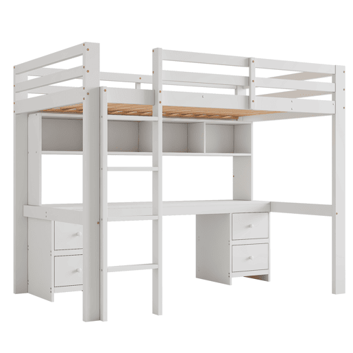 Cama mezzanine 90x200 cm - com secretária e 2 cómodas - pinho maciço e MDF - Branco