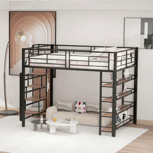 Cama mezzanine 140x200 cm - com pequeno roupeiro e prateleiras para arrumação - Preto