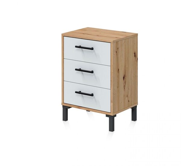 Mesita de noche de 3 cajones en blanco mate y roble nodi 40x33 cm Leia Blanco Artik (Blanco Mate) - Roble Nodi 40 x 55 x 33 cm