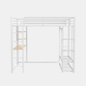 Cama mezzanine metálica 140x200 cm - com mesa e prateleiras - Branco