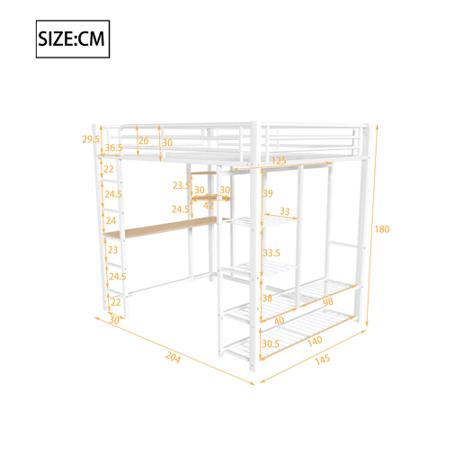 Cama mezzanine metálica 140x200 cm - com mesa e prateleiras - Branco