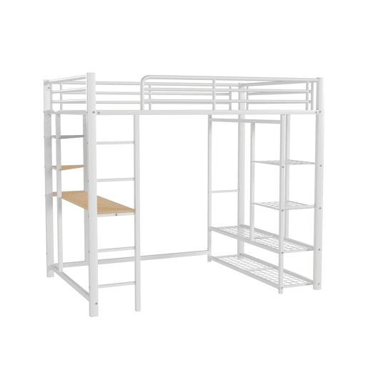Cama mezzanine metálica 140x200 cm - com mesa e prateleiras - Branco