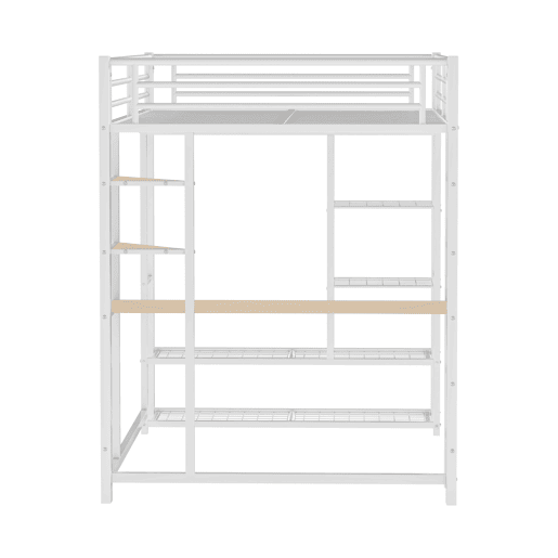 Cama mezzanine metálica 140x200 cm - com mesa e prateleiras - Branco