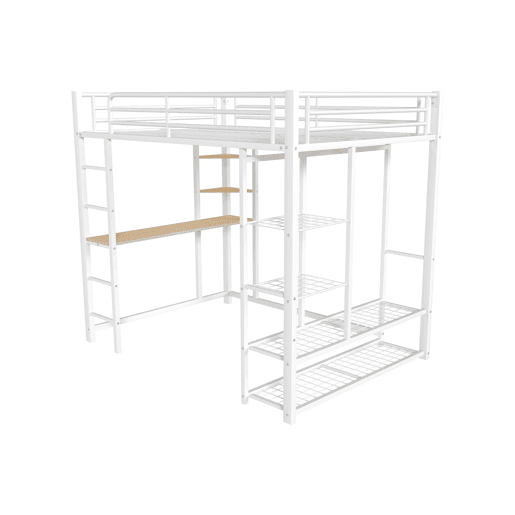 Cama mezzanine metálica 140x200 cm - com mesa e prateleiras - Branco