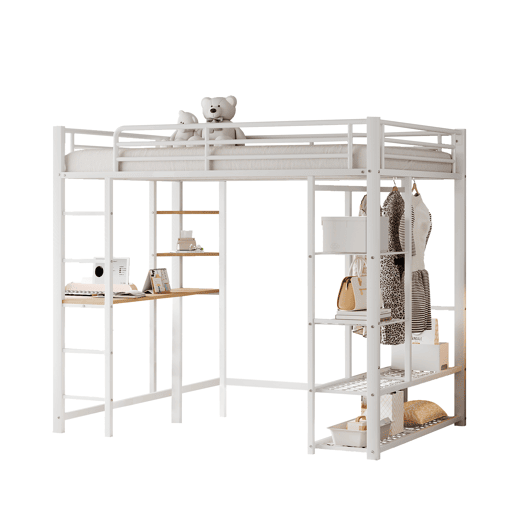 Cama mezzanine metálica 140x200 cm - com mesa e prateleiras - Branco