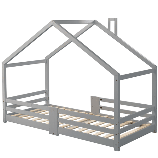 Cama de cabina com grelha de proteção - 90x200cm - madeira maciça - Cinzento