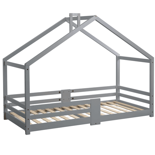 Cama de cabina com grelha de proteção - 90x200cm - madeira maciça - Cinzento