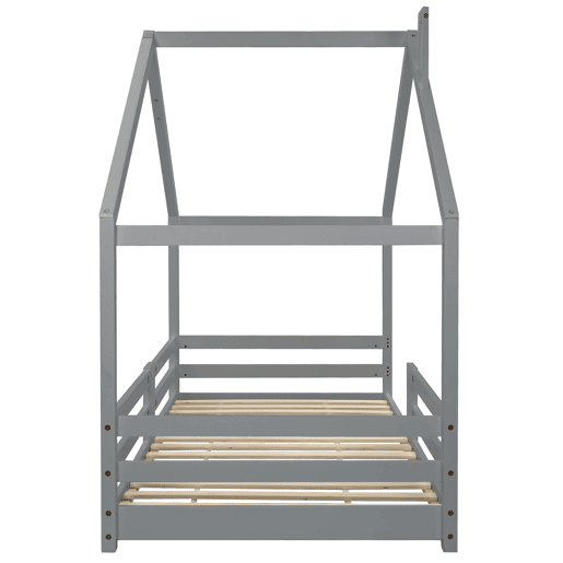 Cama de cabina com grelha de proteção - 90x200cm - madeira maciça - Cinzento