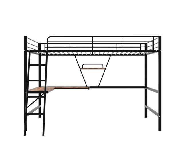 Cama entrepiso de hierro - 90x200 cm - con escritorio esquinero y estante - negro