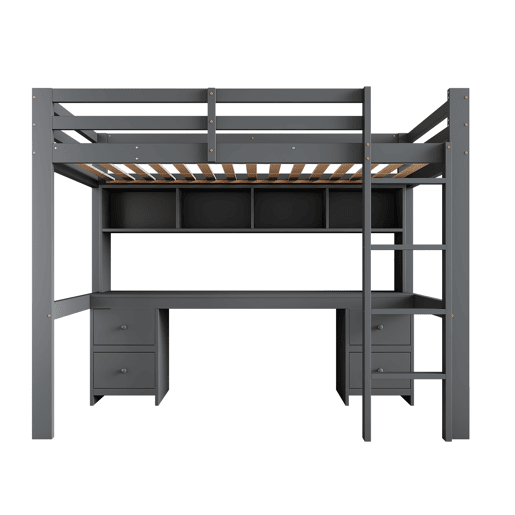 Cama mezzanine 90x200 cm - com secretária e 2 cómodas - pinho maciço e MDF - Cinzento