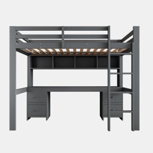 Cama mezzanine 90x200 cm - com secretária e 2 cómodas - pinho maciço e MDF - Cinzento