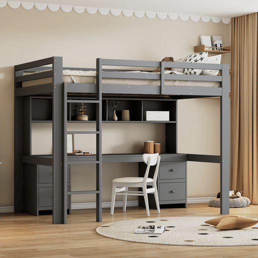 Cama mezzanine 90x200 cm - com secretária e 2 cómodas - pinho maciço e MDF - Cinzento