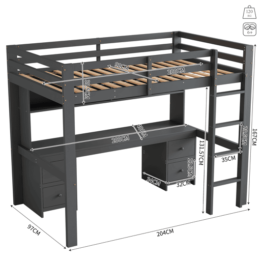 Cama mezzanine 90x200 cm - com secretária e 2 cómodas - pinho maciço e MDF - Cinzento