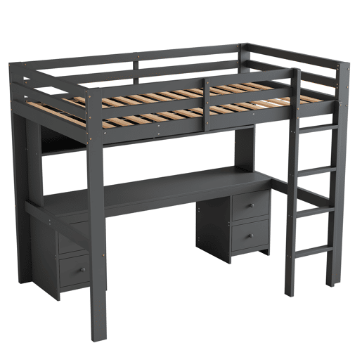 Cama mezzanine 90x200 cm - com secretária e 2 cómodas - pinho maciço e MDF - Cinzento
