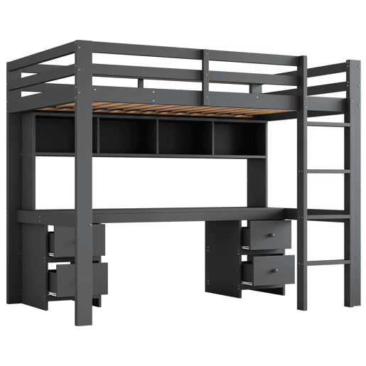 Cama mezzanine 90x200 cm - com secretária e 2 cómodas - pinho maciço e MDF - Cinzento