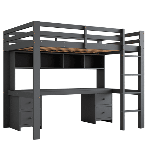 Cama mezzanine 90x200 cm - com secretária e 2 cómodas - pinho maciço e MDF - Cinzento