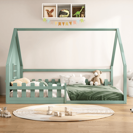 Cama de cabana para crianças 140x200 cm - Forma de cabana - Pinho e MDF - Verde
