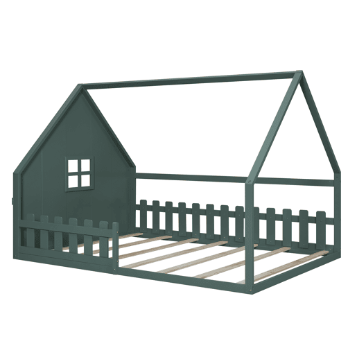Cama de cabana para crianças 140x200 cm - Forma de cabana - Pinho e MDF - Verde