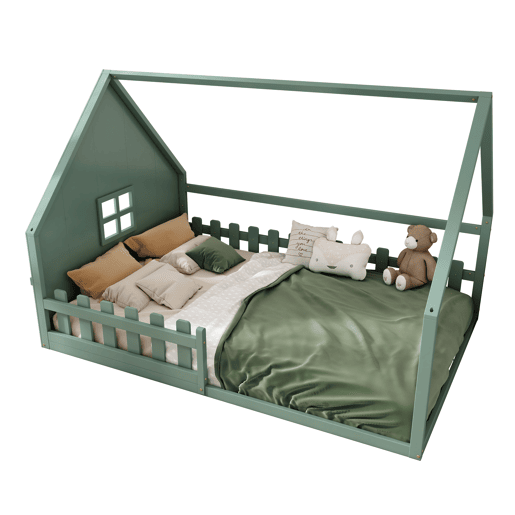 Cama de cabana para crianças 140x200 cm - Forma de cabana - Pinho e MDF - Verde