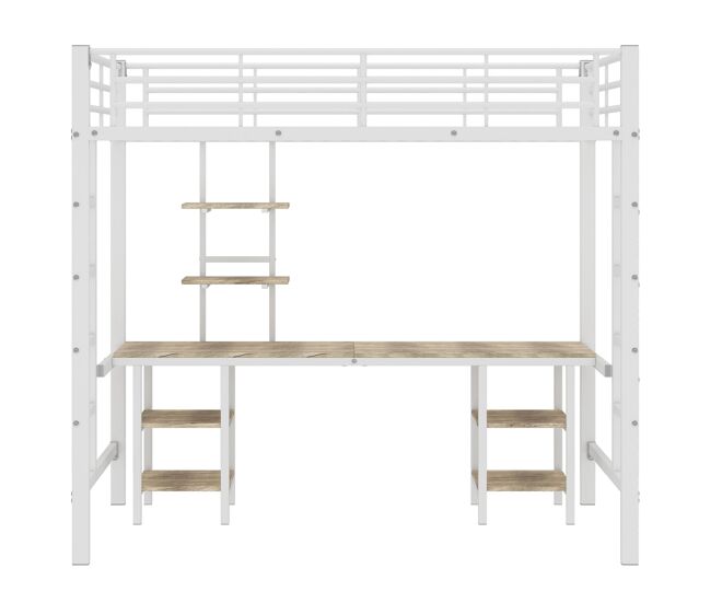 Cama alta 90x200 cm - con escritorio y estantes - estructura de hierro - blanco