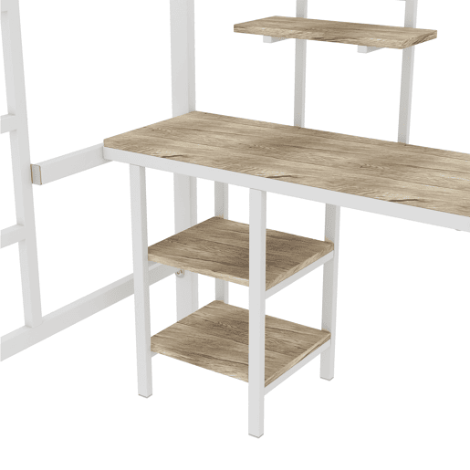 Cama alta 90x200 cm - com secretária e prateleiras - estrutura em ferro - Branco