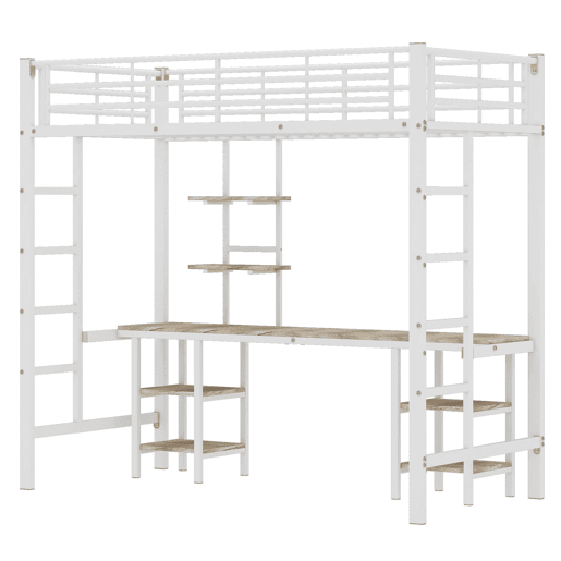 Cama alta 90x200 cm - com secretária e prateleiras - estrutura em ferro - Branco