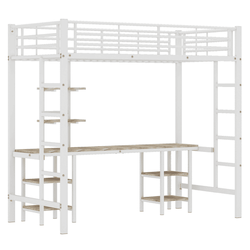 Cama alta 90x200 cm - com secretária e prateleiras - estrutura em ferro - Branco