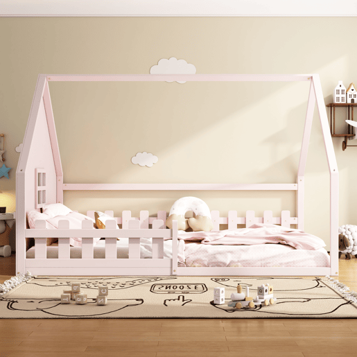 Cama de cabana para crianças 140x200 cm - Forma de cabana - Madeira de pinho e MDF - Rosa