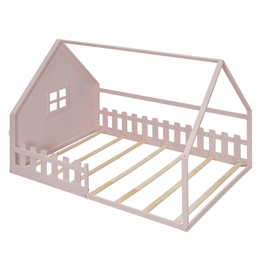 Cama de cabana para crianças 140x200 cm - Forma de cabana - Madeira de pinho e MDF - Rosa