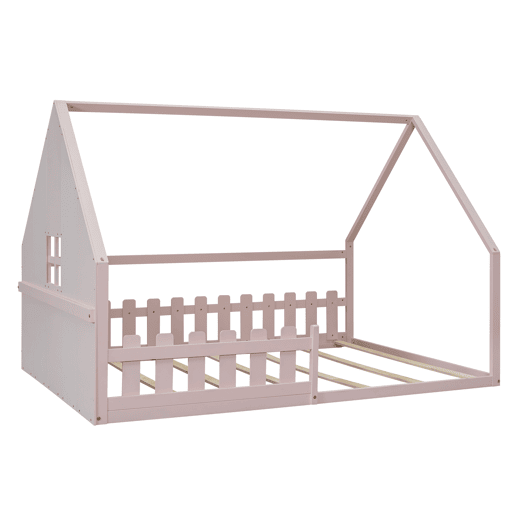 Cama de cabana para crianças 140x200 cm - Forma de cabana - Madeira de pinho e MDF - Rosa