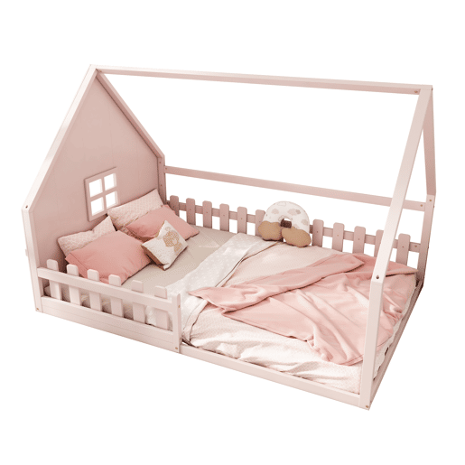 Cama de cabana para crianças 140x200 cm - Forma de cabana - Madeira de pinho e MDF - Rosa