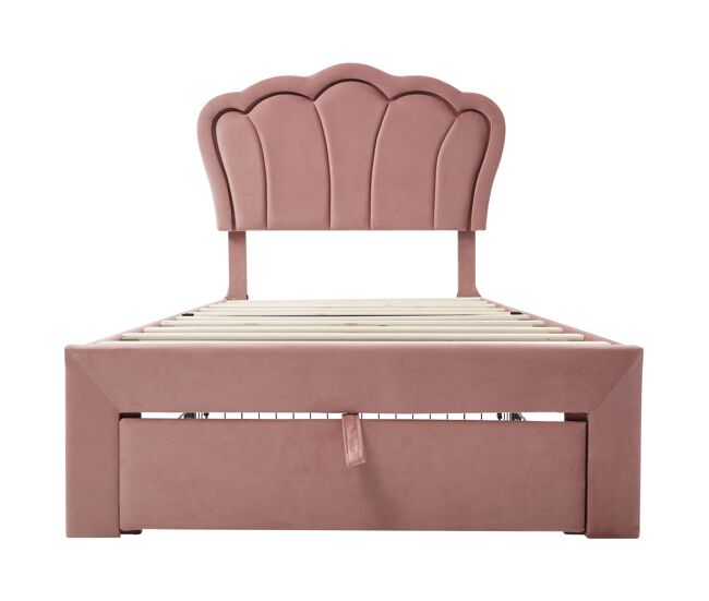 Cama infantil 90x200 cm en terciopelo con cajones y led de control app - rosa
