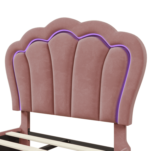 Cama de criança 90x200 cm em veludo com gavetas e controlo APP LED - Rosa