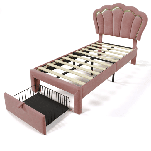 Cama de criança 90x200 cm em veludo com gavetas e controlo APP LED - Rosa