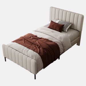Cama de adulto estofada em tecido de linho - 90x200 cm - com cabeceira regulável e estrado de ripas - Cinzento claro