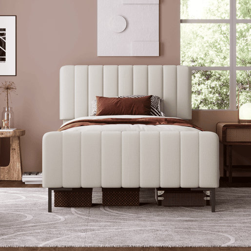 Cama de adulto estofada em tecido de linho - 90x200 cm - com cabeceira regulável e estrado de ripas - Cinzento claro