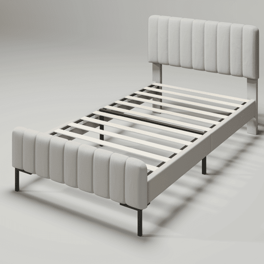 Cama de adulto estofada em tecido de linho - 90x200 cm - com cabeceira regulável e estrado de ripas - Cinzento claro