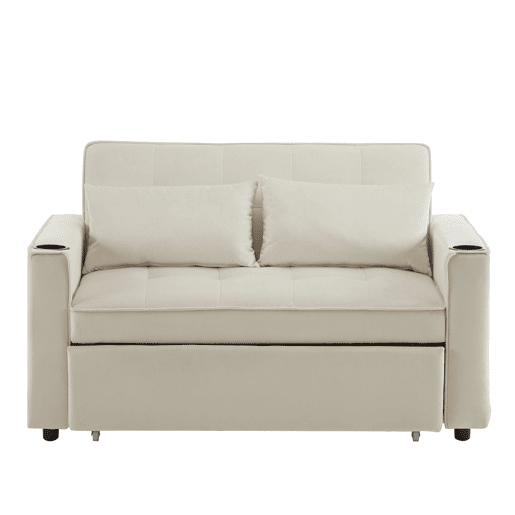 Sofá-cama rebatível multi-ângulo ajustável - 2 lugares - Tecido de veludo - Com suportes para copos e almofadas - Bege