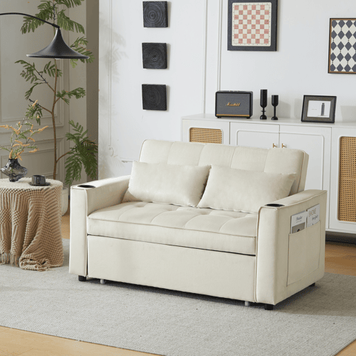 Sofá-cama rebatível multi-ângulo ajustável - 2 lugares - Tecido de veludo - Com suportes para copos e almofadas - Bege