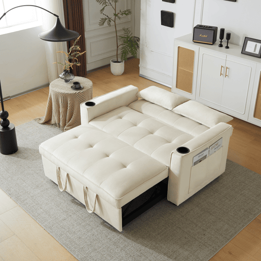 Sofá-cama rebatível multi-ângulo ajustável - 2 lugares - Tecido de veludo - Com suportes para copos e almofadas - Bege